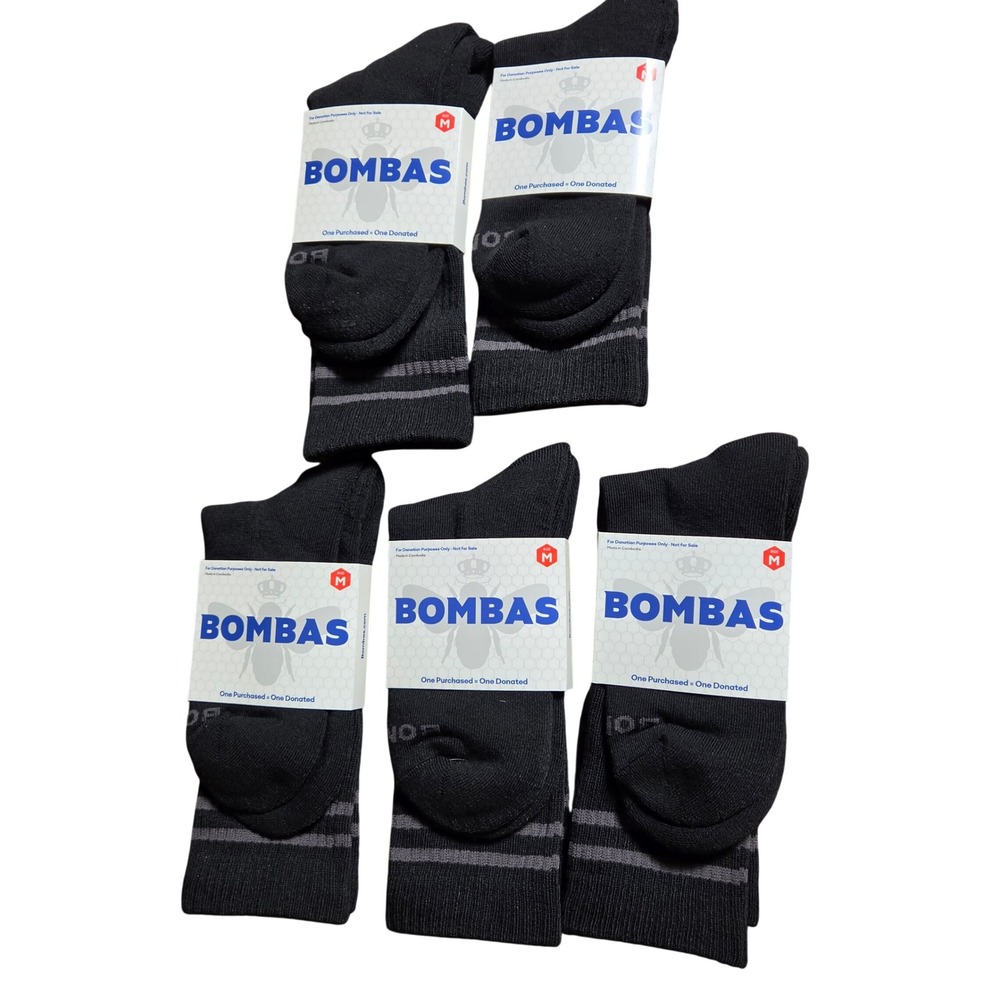 Lot of 5 Bombas Crew Socks Pairs Black Grey Stripe Honeycomb Arch Support M NWT